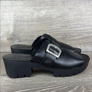 Fly London Cozy 445Fly Bridle Black Goat Leather Womens Sz 9.5/EU 40 Buckle Mule